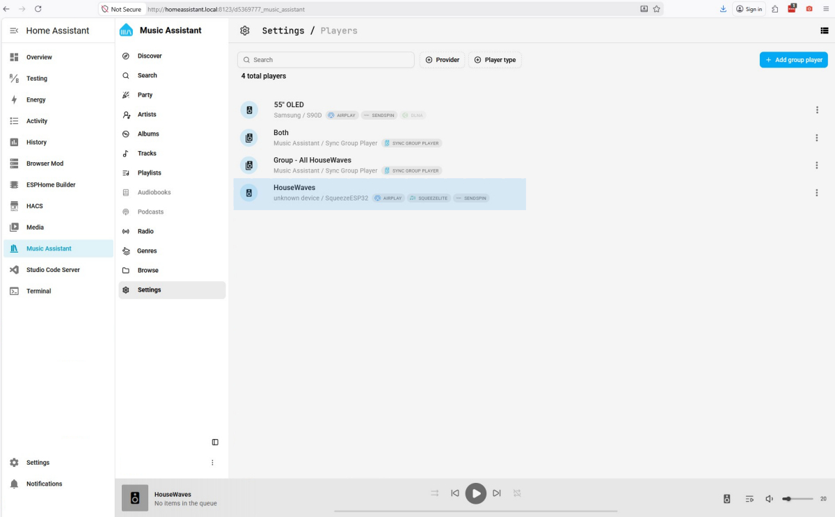 Step 3 — Music Assistant automatically discovers HouseWaves speaker — click Add and begin streaming