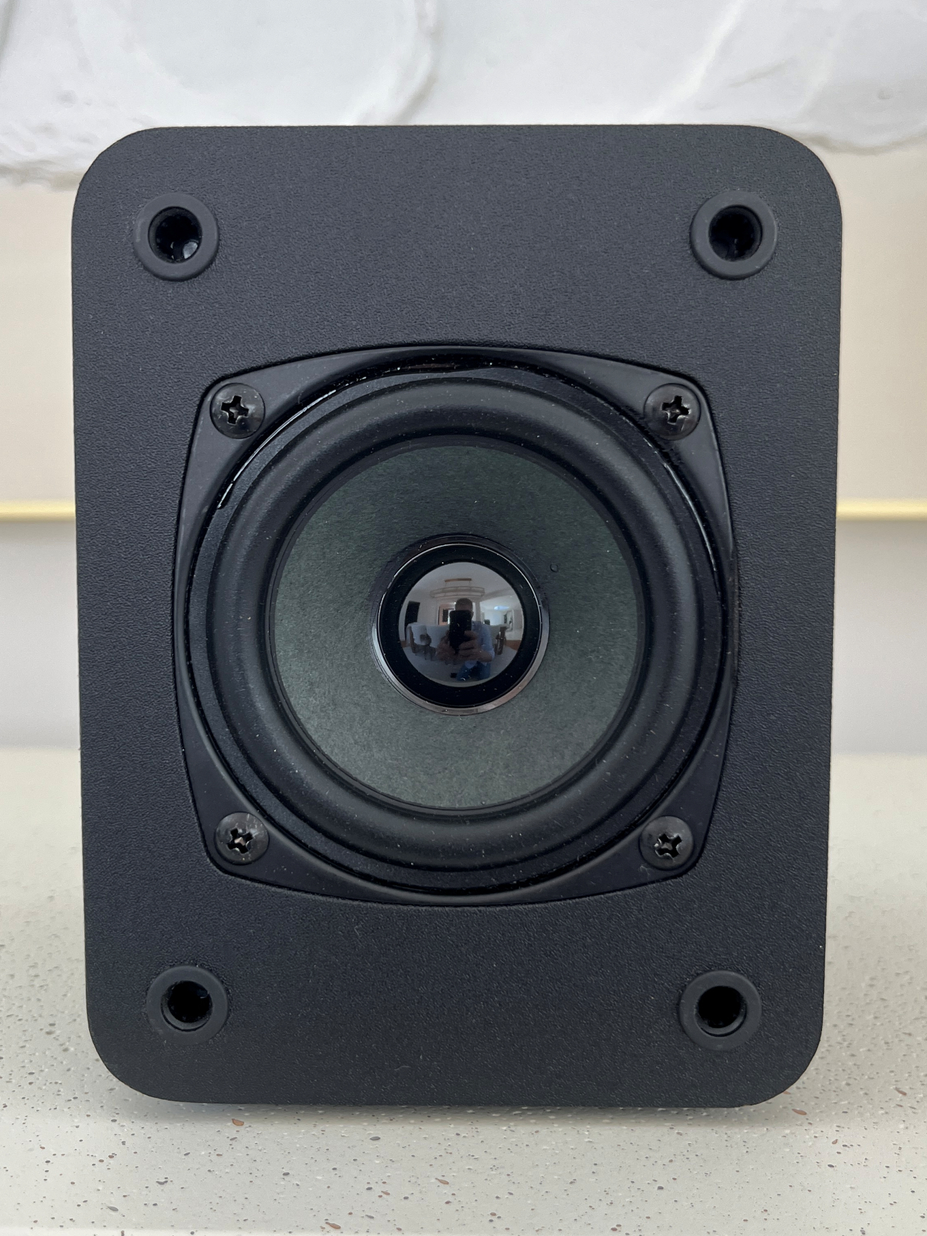 HouseWaves One front view — 3 inch full-range single driver visible with grille removed, WiFi speaker for Home Assistant