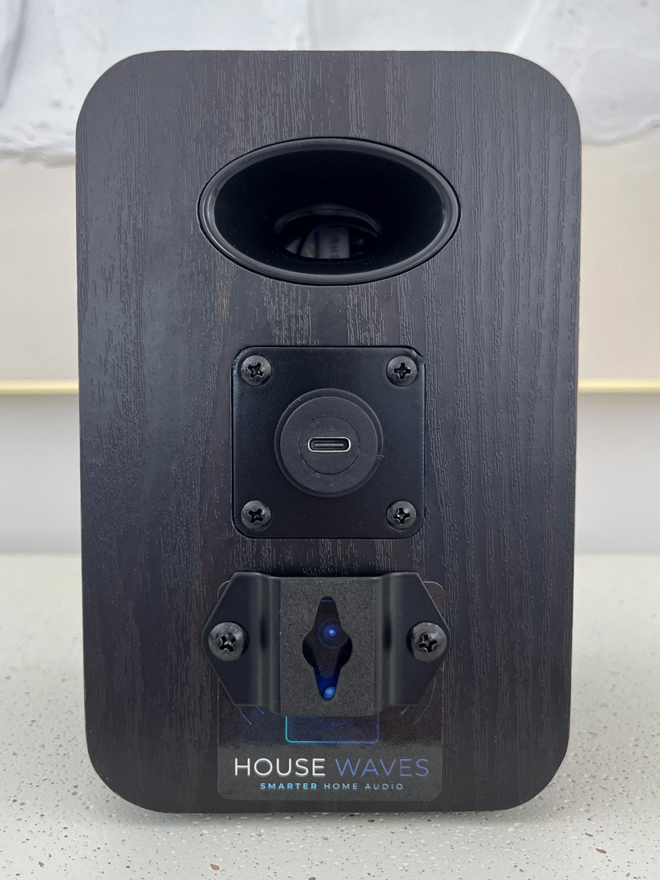 HouseWaves Two rear view — USB-C power input and bass port opening