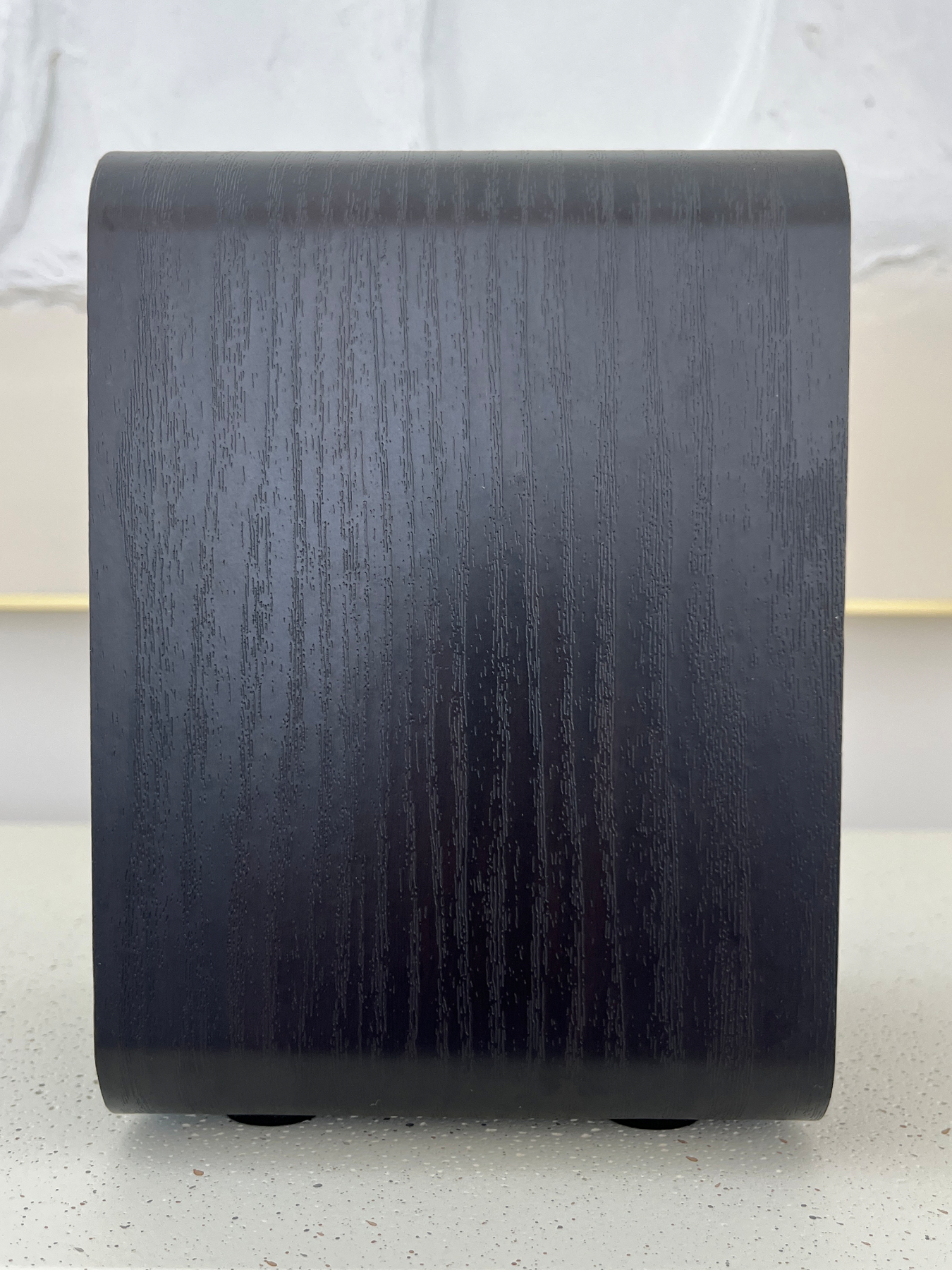 HouseWaves Two side profile — wood grain cabinet, compact bookshelf speaker depth